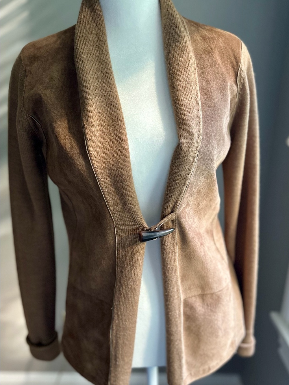 Brown Suede Shawl-Collar Cardigan